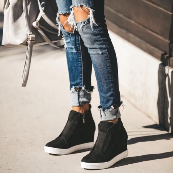 Eclectic Ginger Shoes - Black pinhole vegan suede side zip sneaker wedges